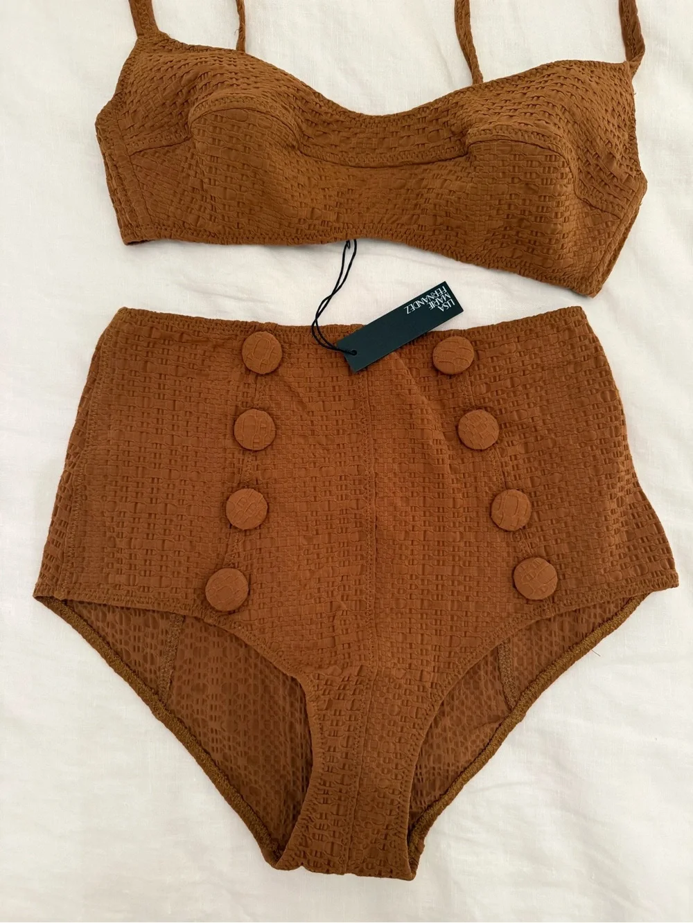 LISA MARIE FERNANDEZ the balconette high-waist bikini in caramel seersucker